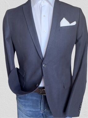 EGARA Mens Blazer Sport Coat Jacket 44L Navy Blue Linen/Cotton Slim Fit